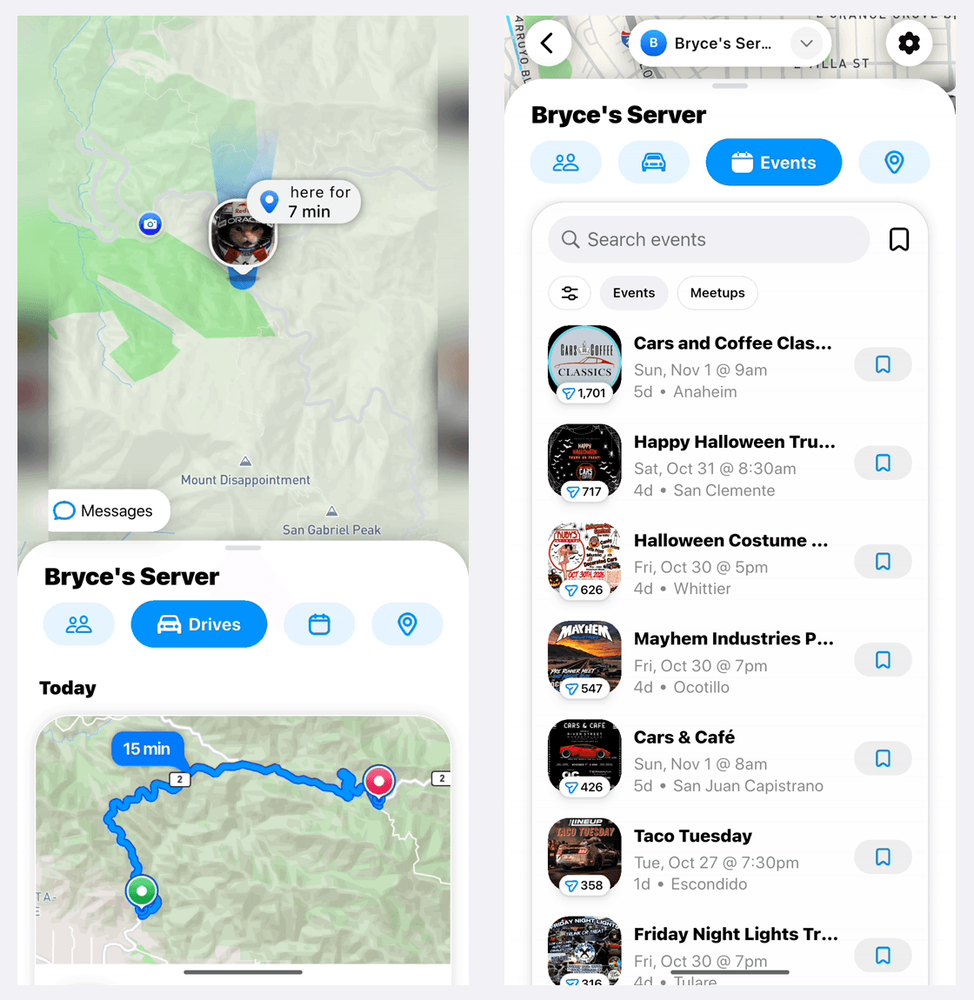 AutoLNK Private Server Drives tab with a saved 15 minute drive, next to the Events tab with upcoming car meets