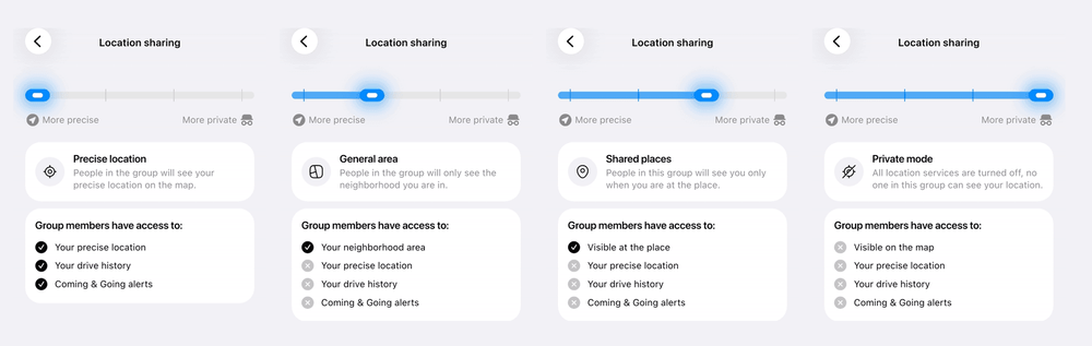 AutoLNK Private Server location sharing levels: Precise location, General area, Shared places, Private mode