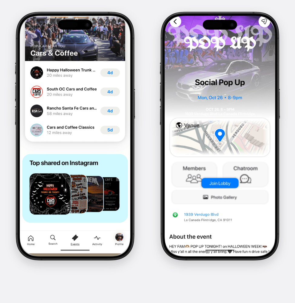 AutoLNK Cars and Coffee near you list with distances, next to an event page with venue map, chatroom and photo gallery