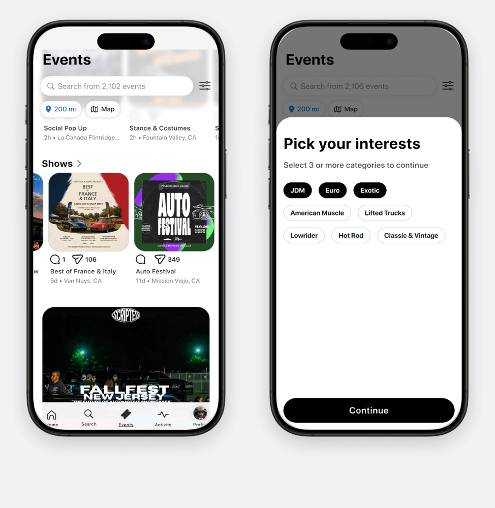 AutoLNK Events tab with featured events and car meets, next to every event type you can follow